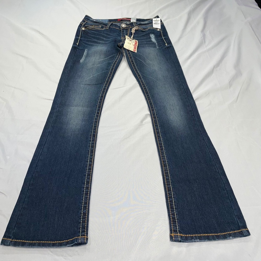 Unionbay Womens Bootcut Jeans Dark Wash Distressed Embroidered Pockets Size 1